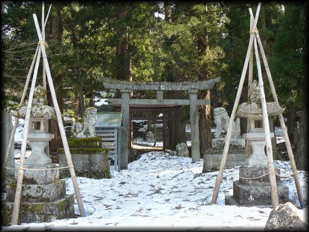 日吉神社境内正面に設けられた鳥居と石燈籠と石造狛犬